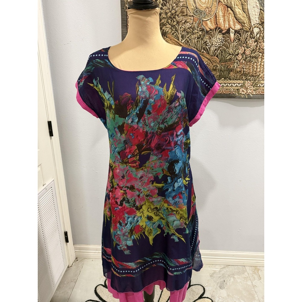 Elis Silebezi Dress Womens Small Purple Pink Abstract Print Cotton Tunic Boho
